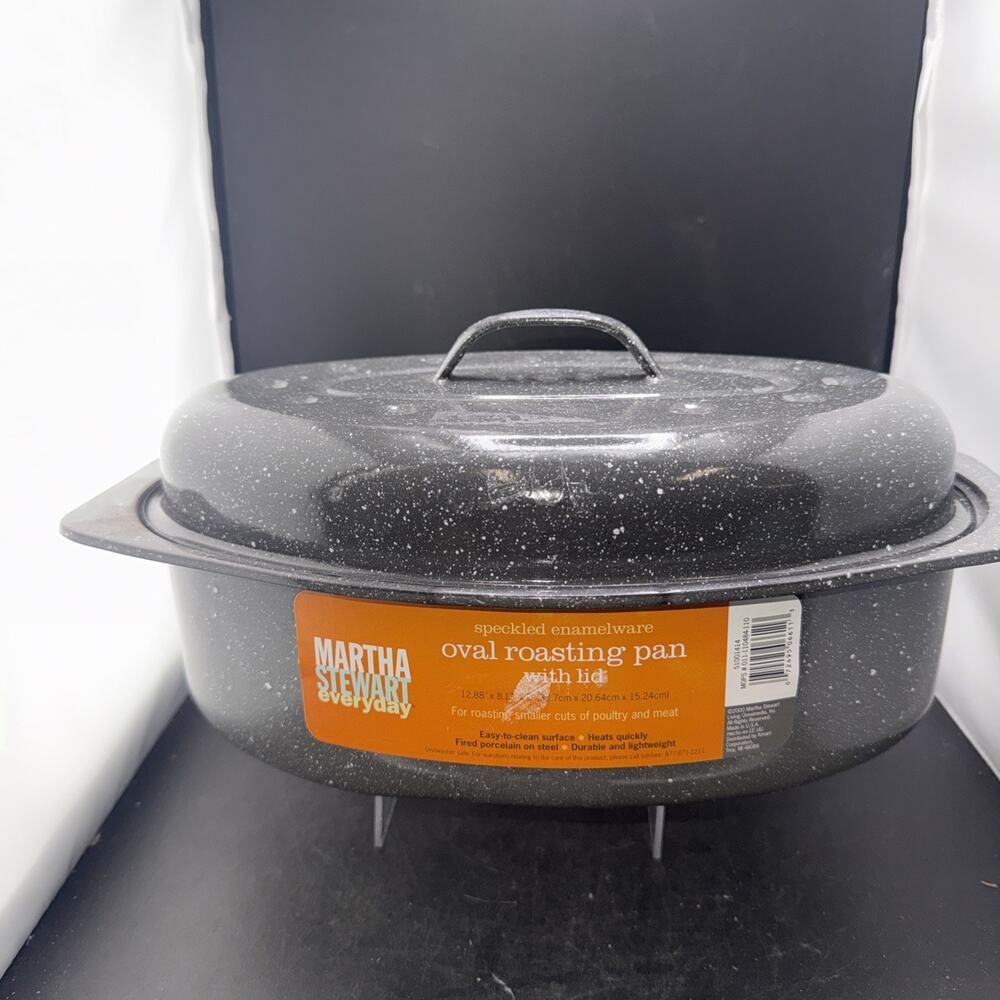 Martha Stewart Everyday Speckled Enamel Oval Roasting Pan w/ Lid 12.9” New